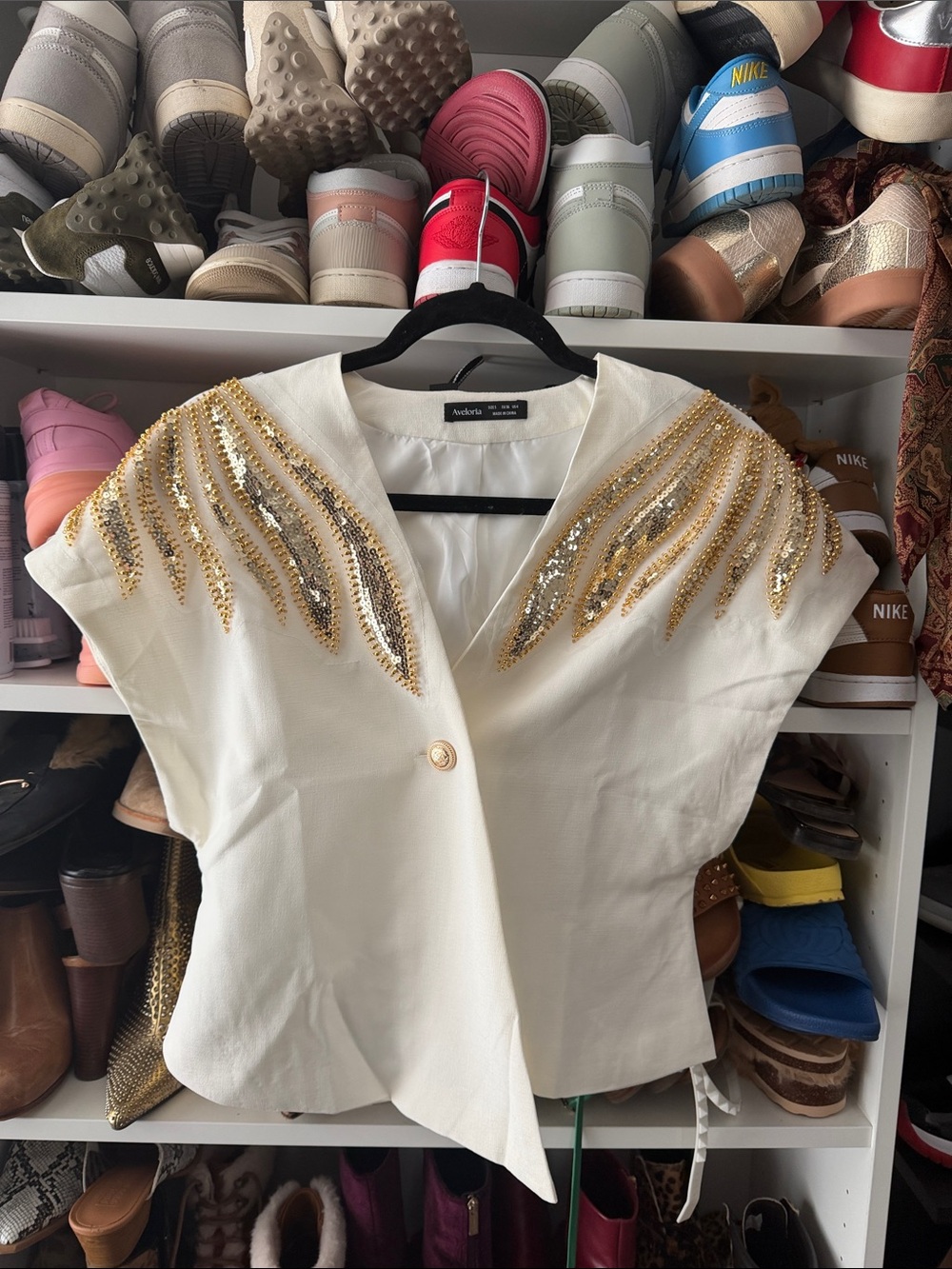 White Short-Sleeve Embellished Blouse with Gold & Sequins